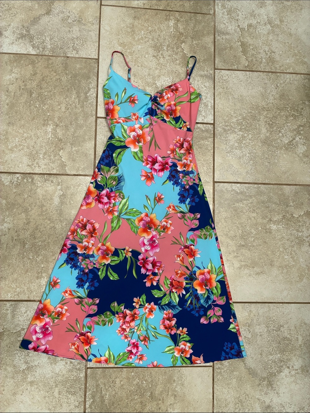 Guess Floral Colorblock Midi Dress in Pink, Light Blue & Navy